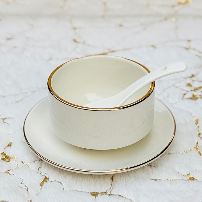 Fine Porcelain Golden Border Line Soup Bowl, Saucer & Spoon