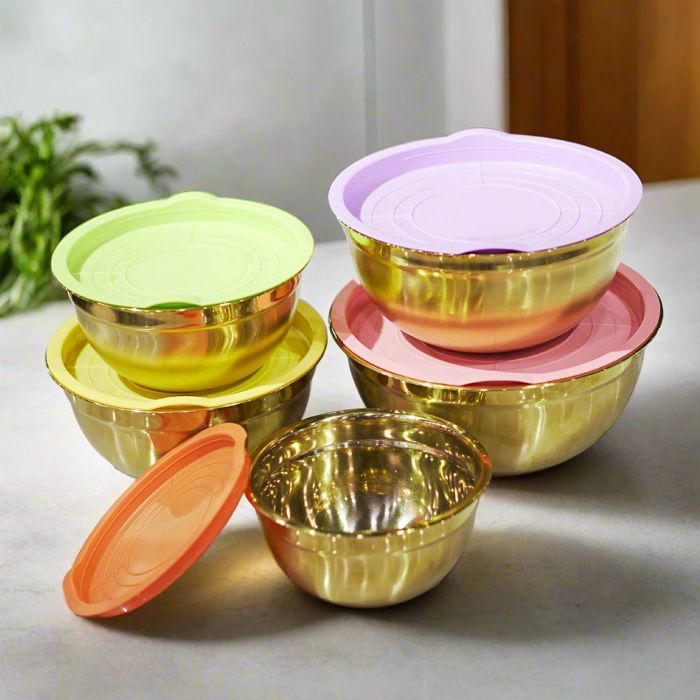 Luxury salad bowls stainless steel golden pvd coated with silicon lids (Set of 5 pieces )